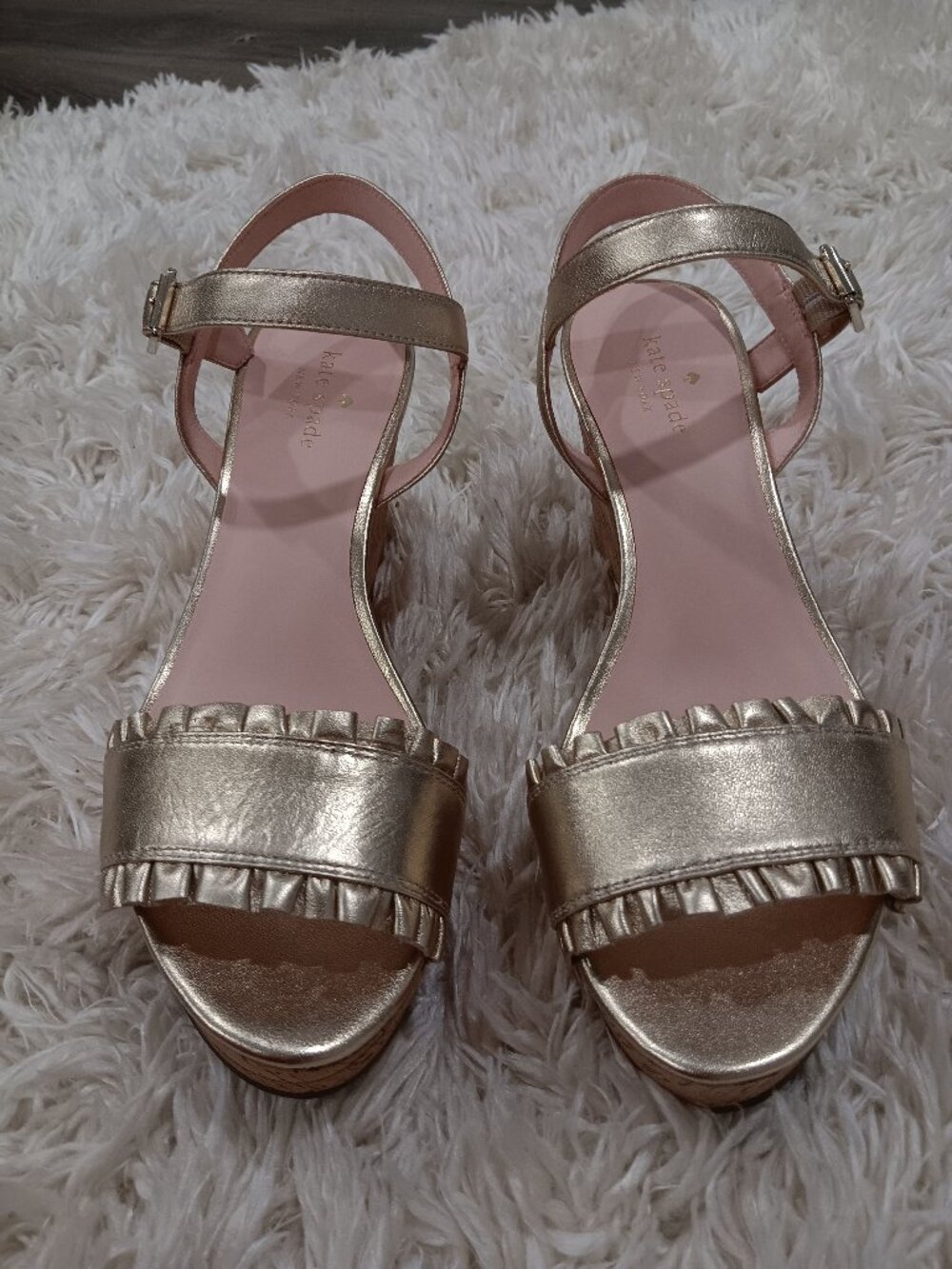 Kate Spade Gold Ruffle Platform Cork Wedge Sandals Woman Size 10